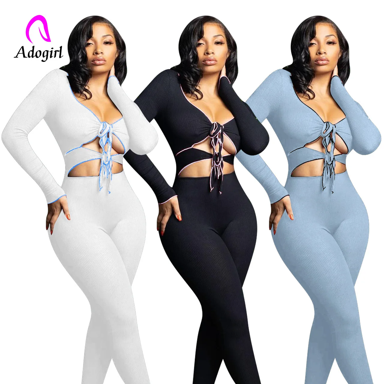 Fitness Women 2 Piece Set Long Sleeve Knitted Ribbed Crop Top + Skinny Leggings Matching Set 2021 Autumn Solid Casual Tracksuits