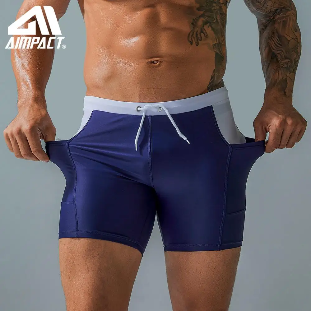 Aimpact New men's Swim Short Trunks Fashion Man Sexy Square Cut costumi da bagno con tasche Surf Beach Bathsuit AM8235