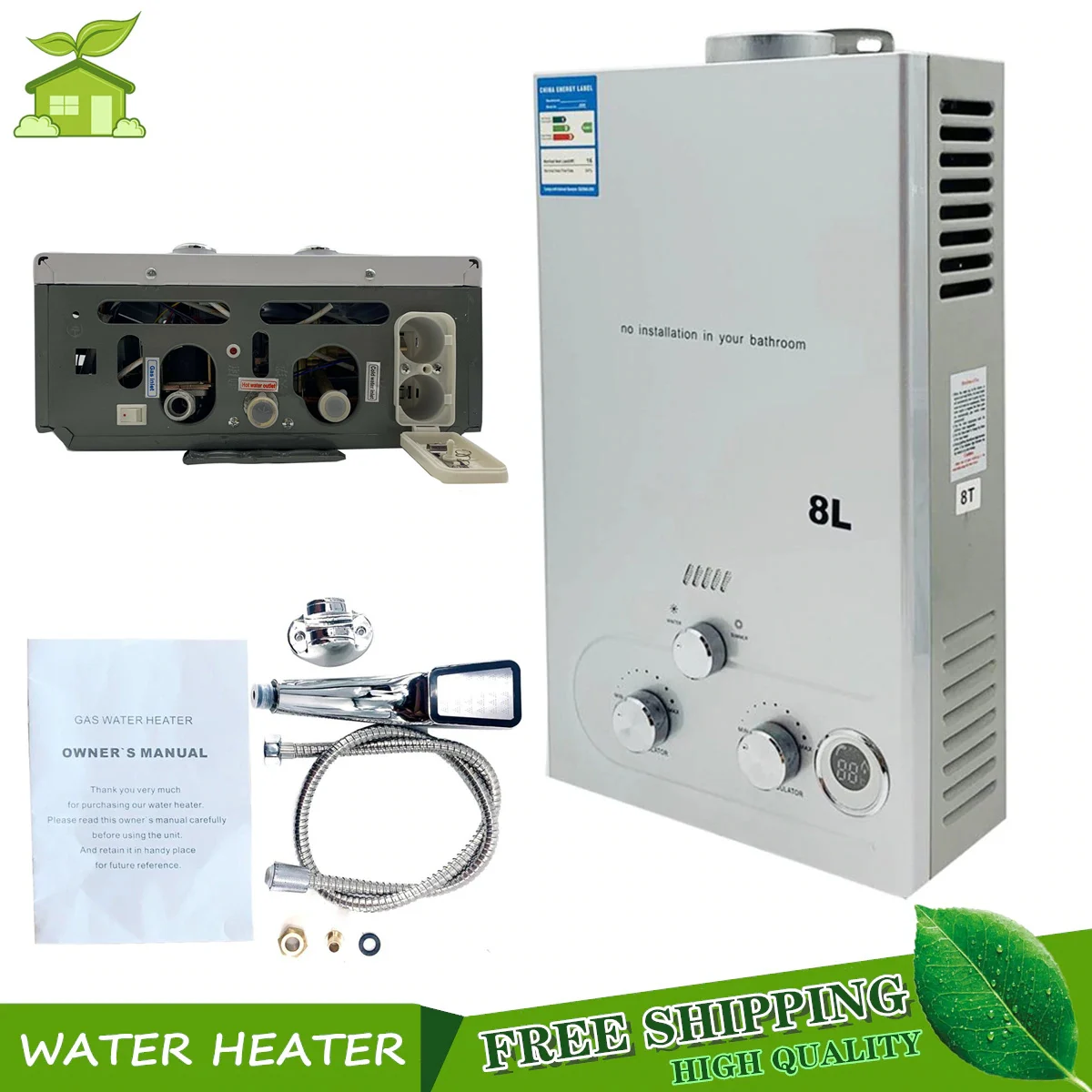 Chauffe-eau instantané sans réservoir avec pomme de douche, 16kw, 8l, chauffe-eau au gaz naturel, livraison gratuite