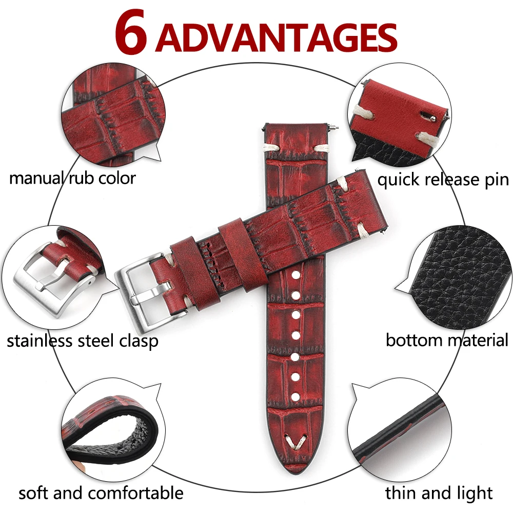 Handmade Alligator Stitching Watch Strap 18mm 20mm 22mm 24mm Quick Release Watch Belt Replacement Genuine Leather Watchband