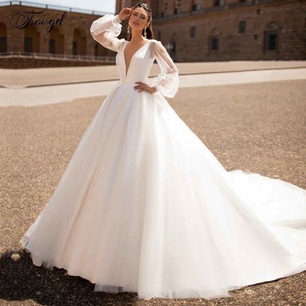 Traugel decote em v uma linha vestidos de casamento de cetim sem mangas sem costas vestido de noiva capela trem destacável xale vestido de noiva