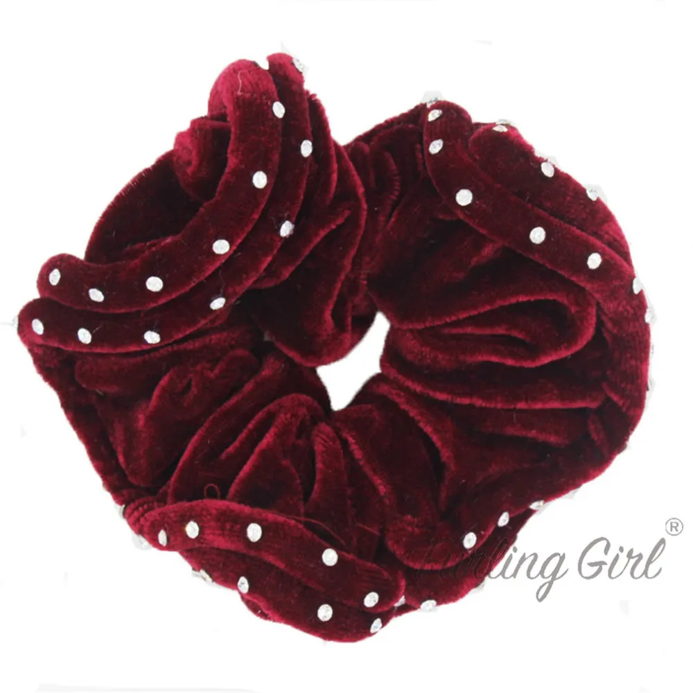 Furling Girl 1PC Dance Velvet Hair Scrunchie Double-line Rhinestone Women Fashion Hair Accessories Charming Ponytail Holder