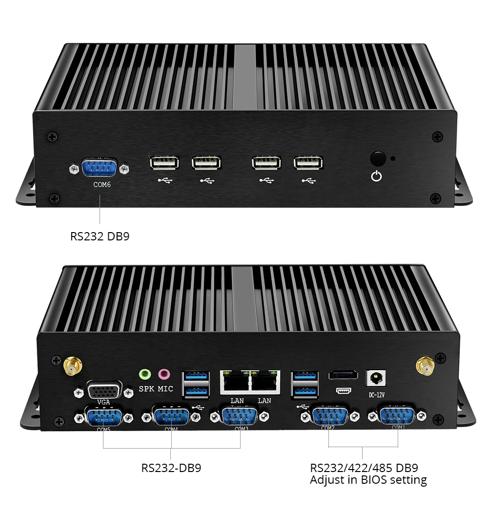 Fanless Industrial IoT Mini PC Intel Celeron 2955U Windows Linux 2x Gigabit Ethernet 6x COM RS232/422/485 8xUSB 4G LTE WiFi