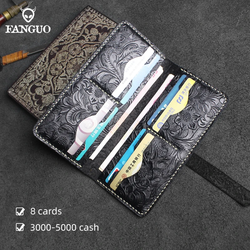 Crazy-horse-leather Men's Wallet Retro Embossed Handmade Long Wallet For Women Genuine Leather Large Capacity Card Slot Purse