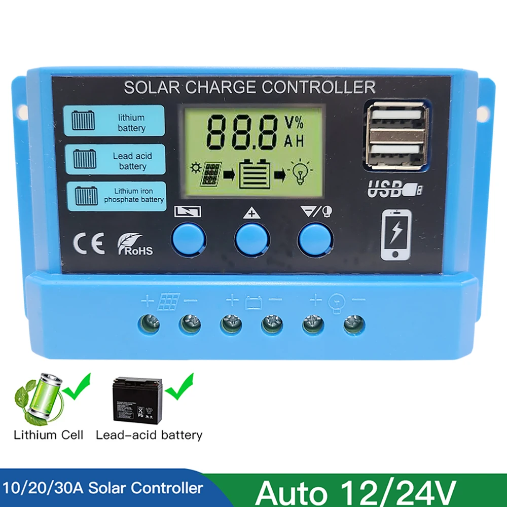 PWM 10A 20A 30A Solar Charge Controller 12V 24V PV Regulator For Lifepo4 Lithium GEL Lead Acid For 100W 200W 300W Solar Panel