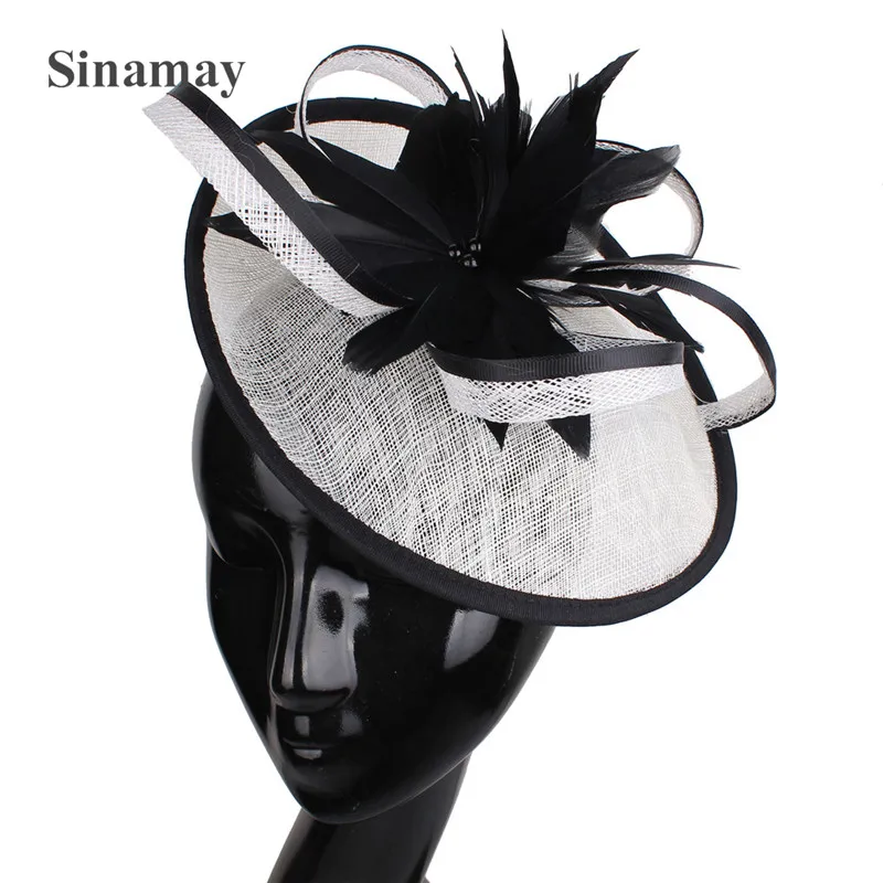 

Sinamay Wedding Feather Flwer Facinator Hats Bride Elegant Fashion Headwear Cocktail Race Dinner Hair Accessories With Hairpins