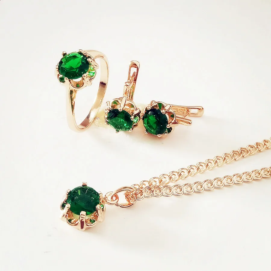 Top Fashion Jewelry Set 585 Rose Gold Color Jewelry Trendy Round Green Cubic Zircon Women Necklace Earrings Wedding Jewelry Sets