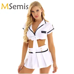 Women's Cheerleading Uniform Lingerie Suit Officer Policewoman Cosplay Cheerleader Costumes Crop Top with Pleated Mini Skirt Set