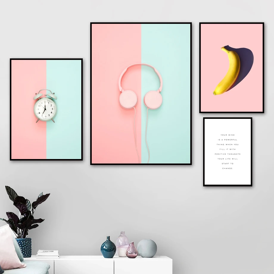 Pink Abstract Girl Banana Headset Clock Wall Art Canvas Painting Nordic Posters And Prints Wall Pictures For Living Room Decor