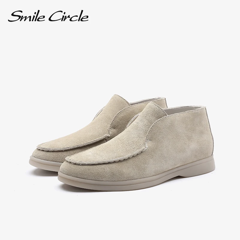 Smile Circle/Spring Women Genuine Leather Nude Flats Casual Shoes Slip-On Penny loafers Autumn Ladies Lazy shoes