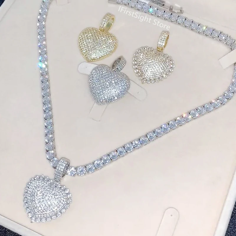 골드 실버 컬러 5MM CZ 테니스 체인 하트 초커 힙합 풀 아이스 큐빅 지르코니아 CZ 스톤 하트 참 목걸이 쥬얼리