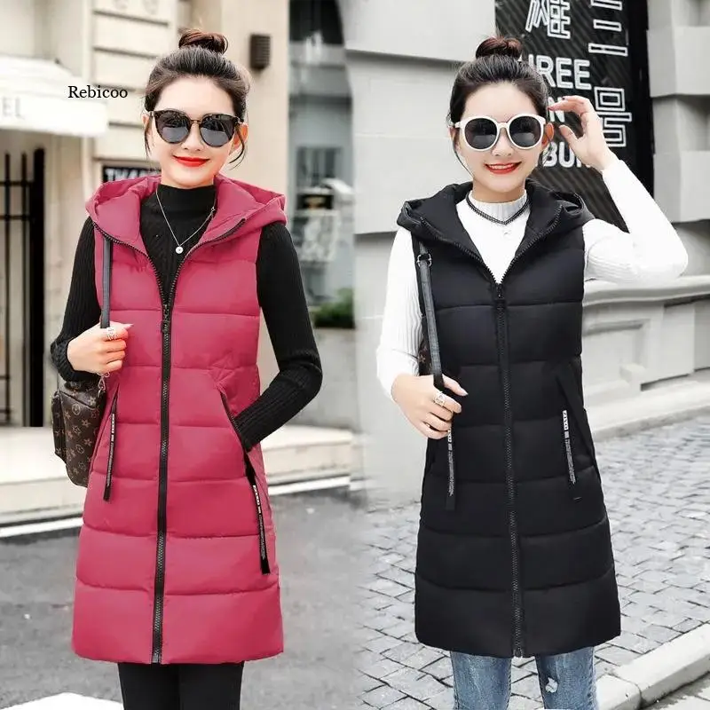 New Autumn Winter Mid-length Down Cotton Women's Vest Coat Solid Color Zipper Hooded Casual Waistcoat Ladies Vest Jacket