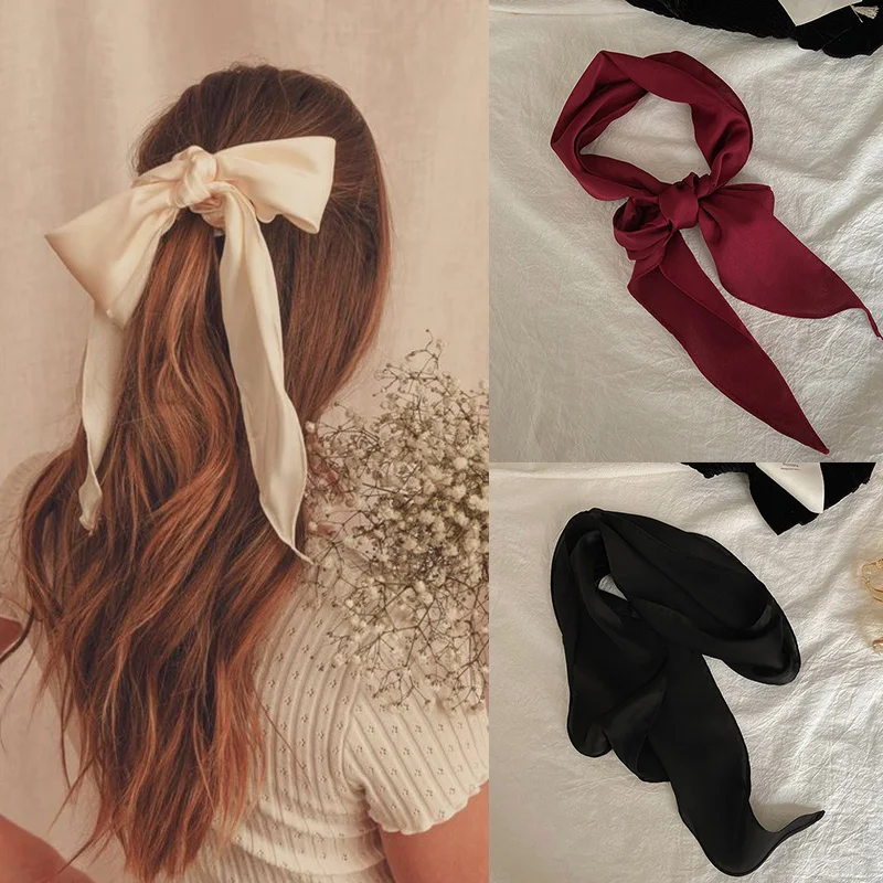 Lystrfac Silky Hair Bow Long Ribbon Hair Scarf for Women Girls Headband Bow Streamer Female Headwear Hair Accessories