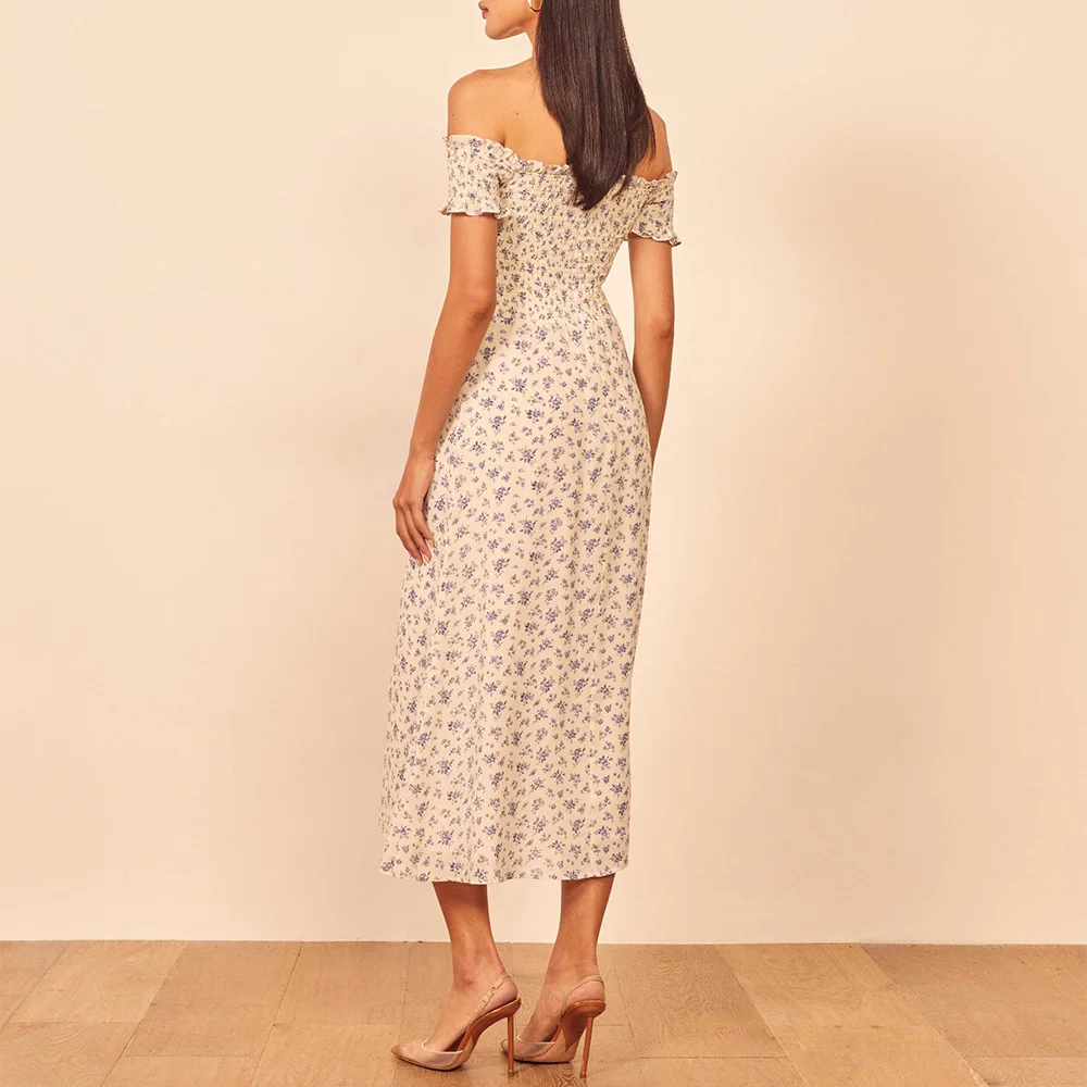 Bloemenprint Zomer Jurken Voor Vrouwen Slash Hals Ruches Korte Mouwen Sexy Off Shoulder Jurk Gesmokte Vintage Elegante Midi Jurk