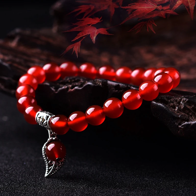 Red Crystal Charm Bracelets Round 8mm Beads Pray Tibetan Silver Leaf Pendant For Wowen Crystal Bracelet Jewelry Wholesale