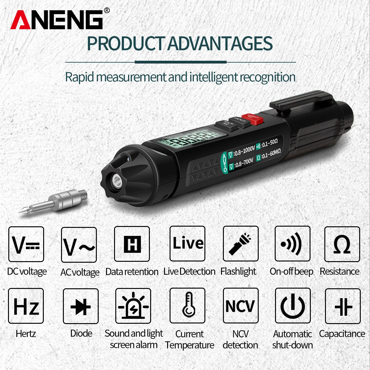 ANENG A3007 Portable Pen Tester Digital Multimeter Automatic Smart Sensor Pen Tester 6000 Counting Non-Contact Voltmeter