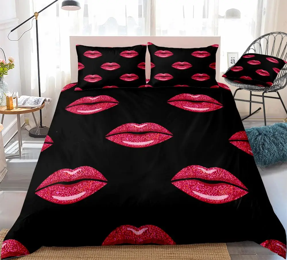 Red Lips Duvet Cover Set Sexy Red Lips Collection Bedding Black Background Home Textiles 3pcs King Queen Bed Set Girls Dropship