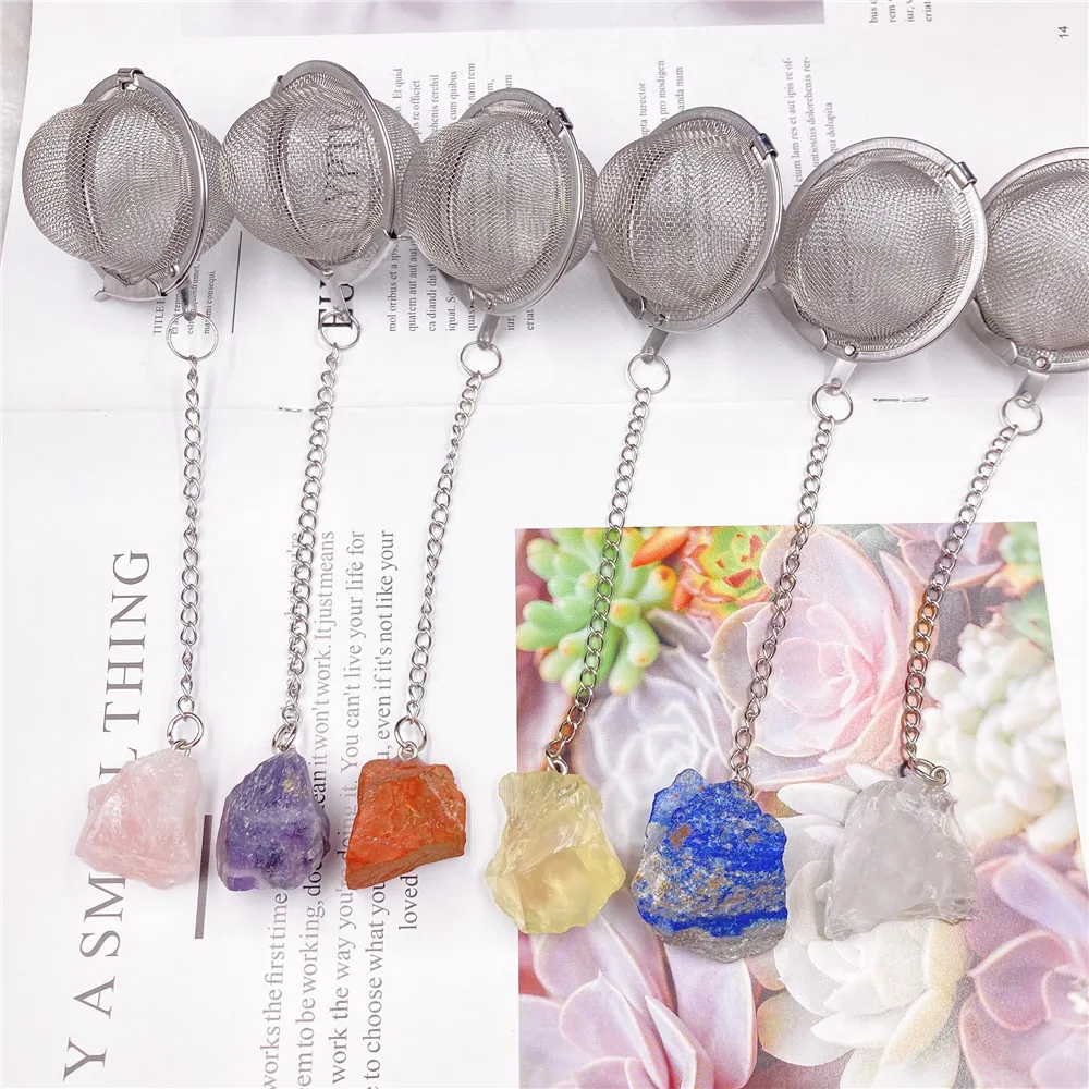 1PC Natural Crystal Stone 304 Stainless Steel Tea Maker Tea Filter Crystal Rough Raw Crystal Decoration Crafts