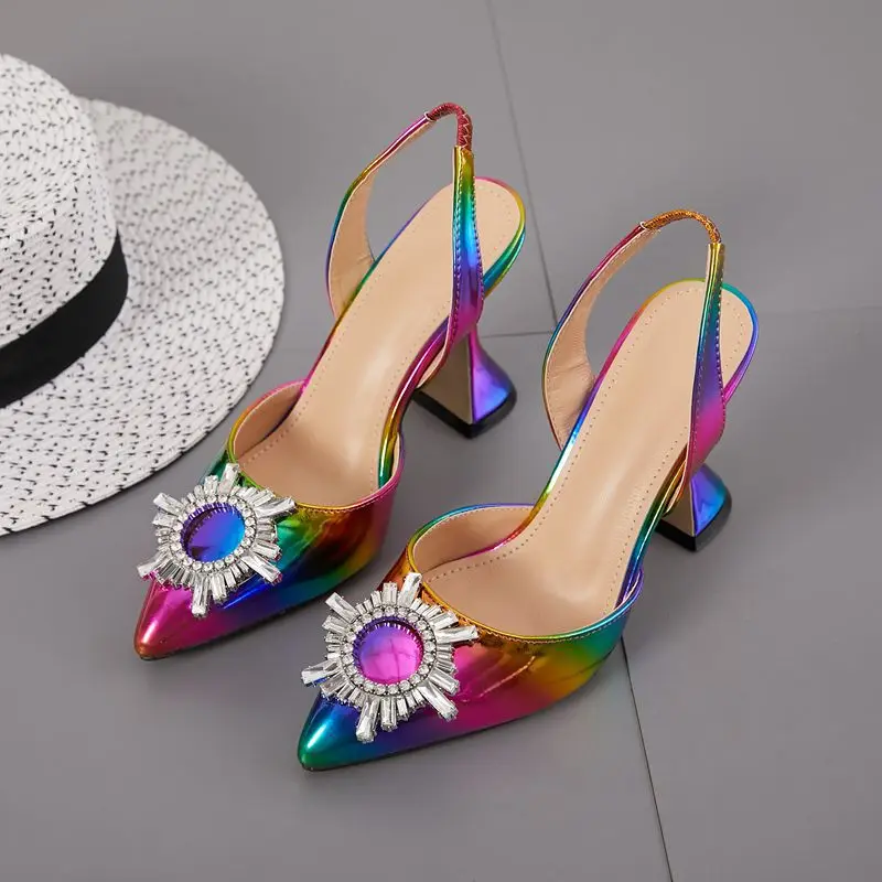 Rainbow Color Women Sandals Pointed Toe Sun Style Rhinestone High Heels Weeding Shoes Spike Heel Slingback Pumps dfv567