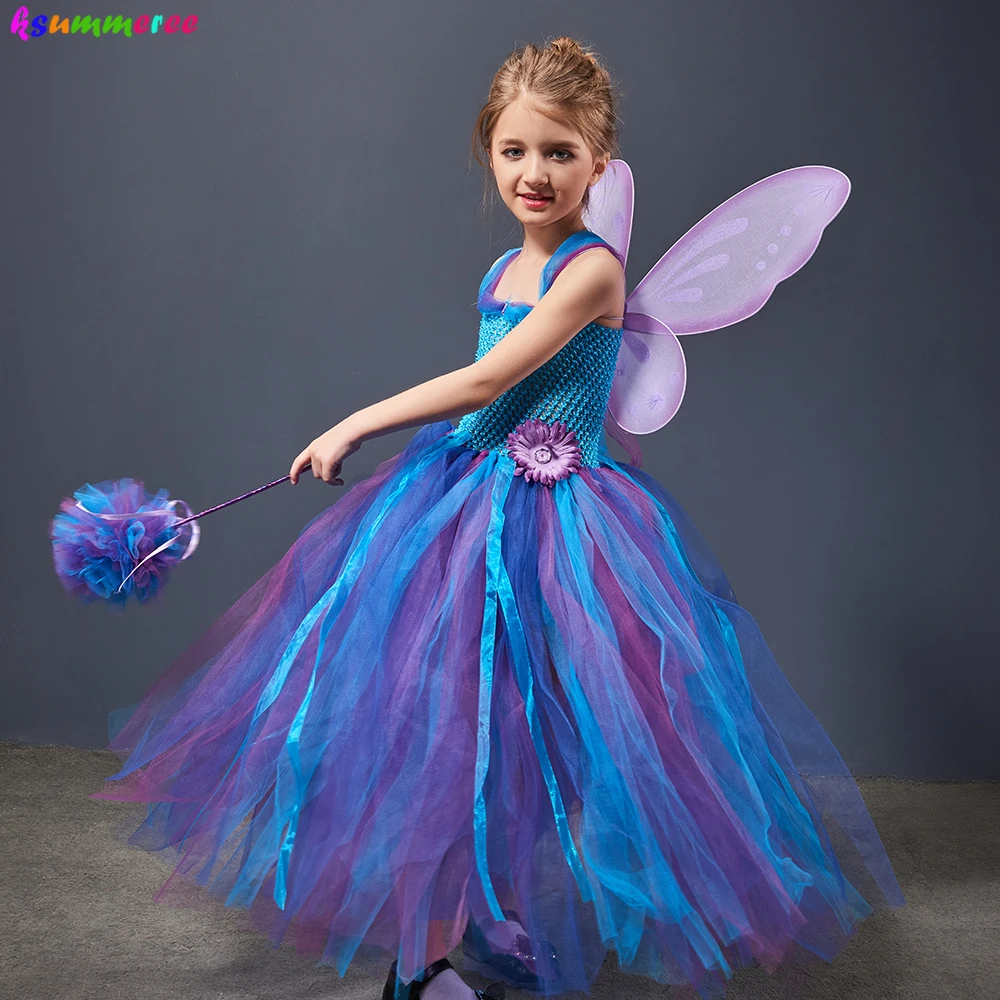 Fairy Princess Girls Tutu Dress with Wings and Wand Kids Birthday Party Pageant Ball Gown Purim Carnival Vestidor Robe Infantil