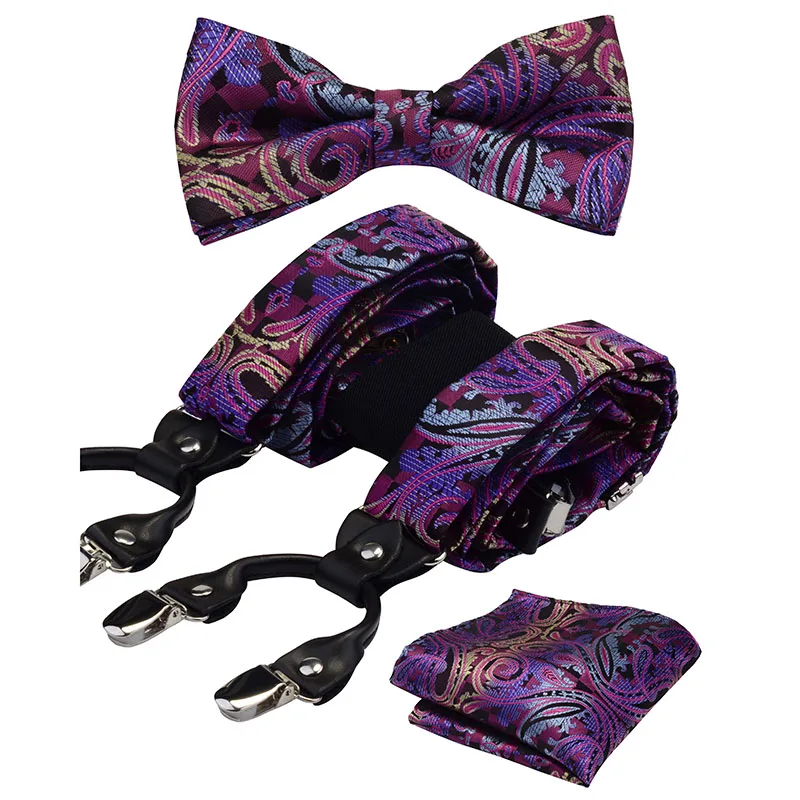 Floral Silk Mens Pre-Tied 6clips Y-Shaped Suspenders Pocket Square Adjustable Bow Tie 3PCS Set Suit Man Wedding Party Gift Box