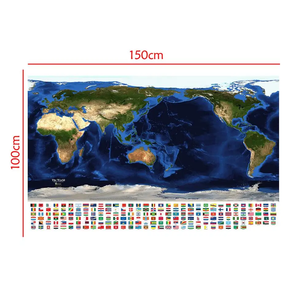 150*100 Cm De Wereldsatellietkaart Met Landvlaggen Niet-Geweven Canvas Schilderij Muurkunst Poster Woonkamer Huisdecoratie