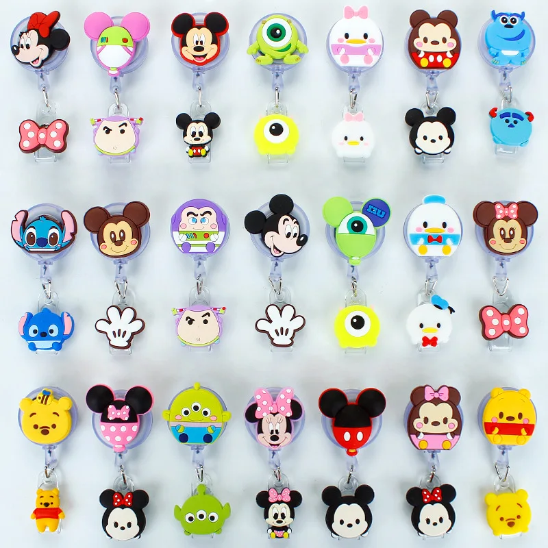 Disney Cartoon Silicone ID Card Holder Stitch Mickey Retractable buckle Badge Clip Student Office Name Bus Card Badge Holder