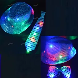 LED Flashing Light Up Sequin Tie Bow with Fedora Hat Party Wedding Boy Men Christmas Decoration