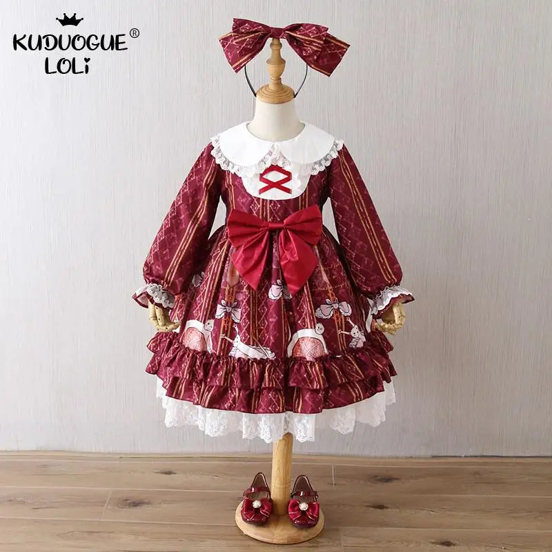 Robe princesse Lolita OP pour filles, manches longues, à volants, ensemble de Costumes de fête pour enfants avec couvre-chef, vie quotidienne d'un chat paresseux