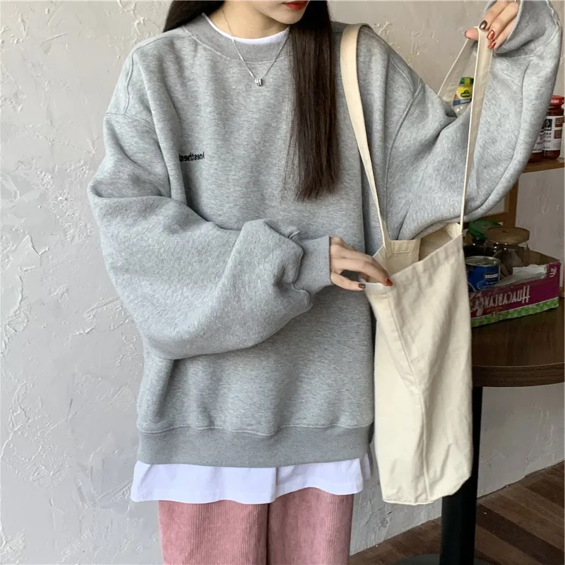 ملابس نسائية سويتشيرت سويت شيرت غير رسمي برقبة على شكل حرف Crewneck ملابس نسائية جماليات بأكمام طويلة قلنسوة موضة كورية قطيفة