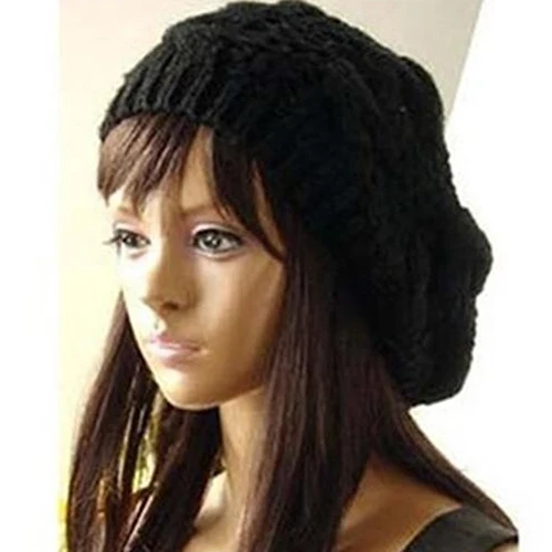 Women Sweet Crochet Warm Solid Color Beret Artist Baggy Beanie Winter Hat Gift