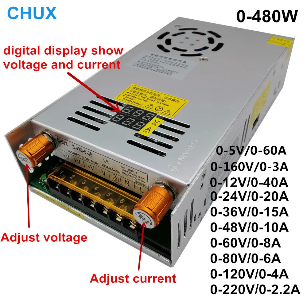 Chix 480W 5 v12v 24V 36V 48V 60V 160V 80V 120v 220V regulowany zasilacz cyfrowy Displa zasilacz LED DC