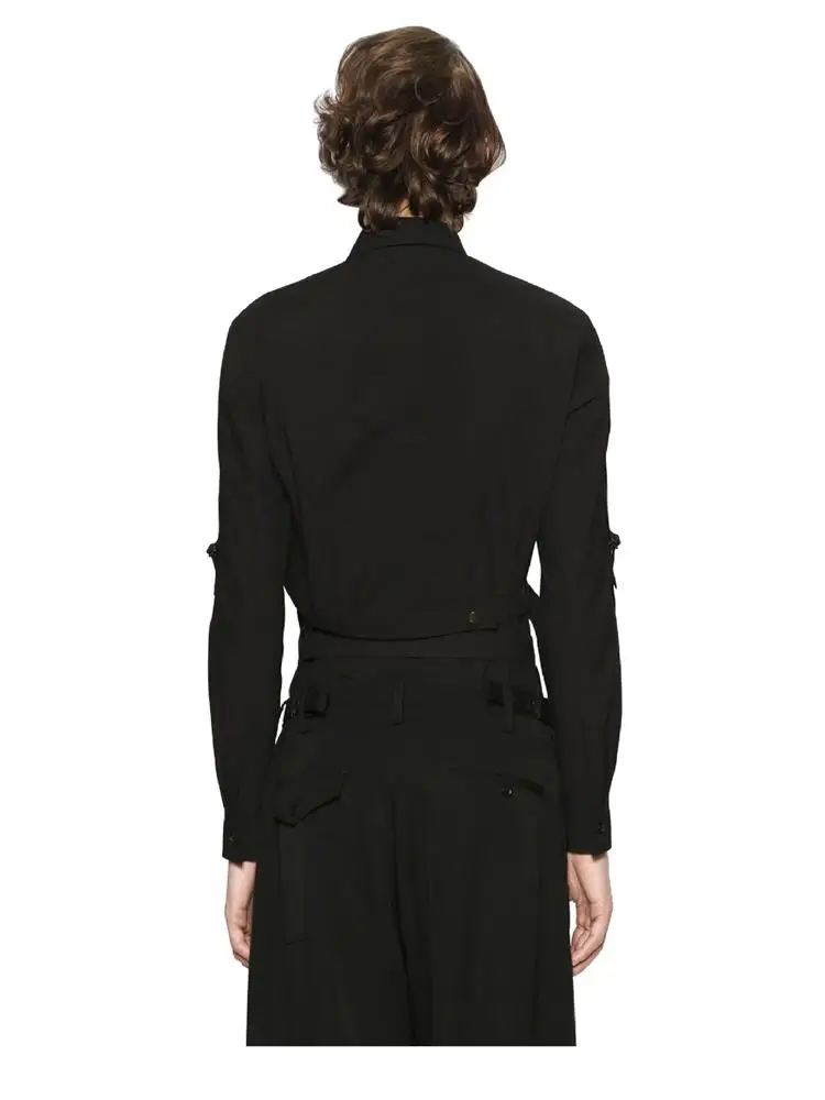 

Мужская хлопковая однобортная рубашка, повседневная Однотонная рубашка с длинным рукавом, квадратным воротником и поясом, весна-осень