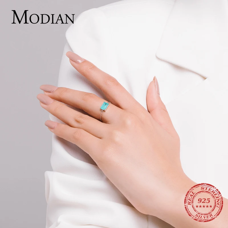 Modian High Quality Adjustable Green Tourmaline Silver Jewelry Classic 925 Sterling Silver Chain Link Female Rings For Women