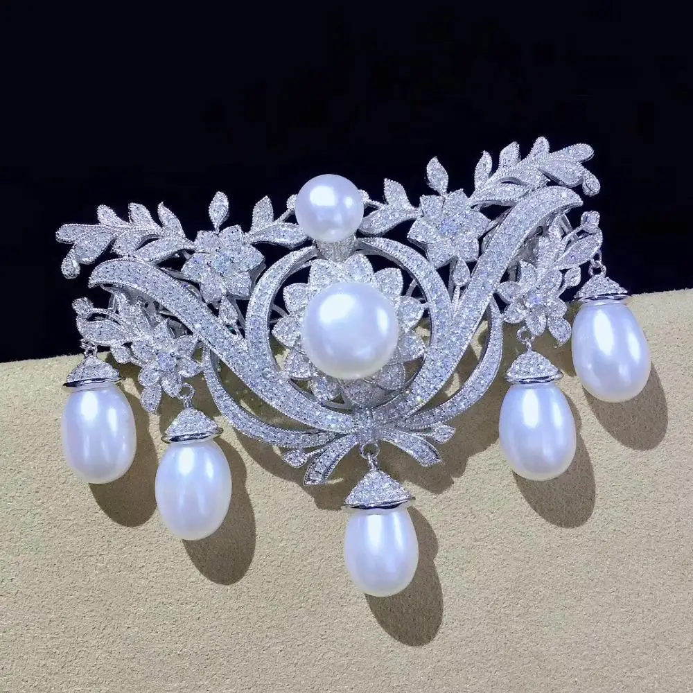 natural fresh water pearl brooch pins Victoria vintage palace 925 sterling silver zircon double use it is clasp too DIY jewelry