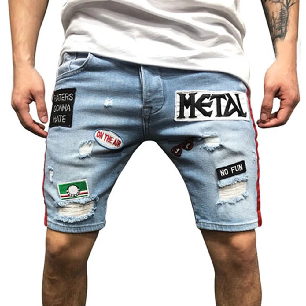 Best Sale Men\'s Denim Pant Shorts Hot Jeans Embroidery Hole Slim Fit Casual Hiking Sport Fashion Half Pants For Summer