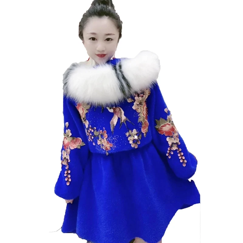 Fashion Faux Mink Velvet Coat Women's Coat Spring and Autumn Hooded Diamond Embroidered Knitted Coat Blue Red Trench Coat Female