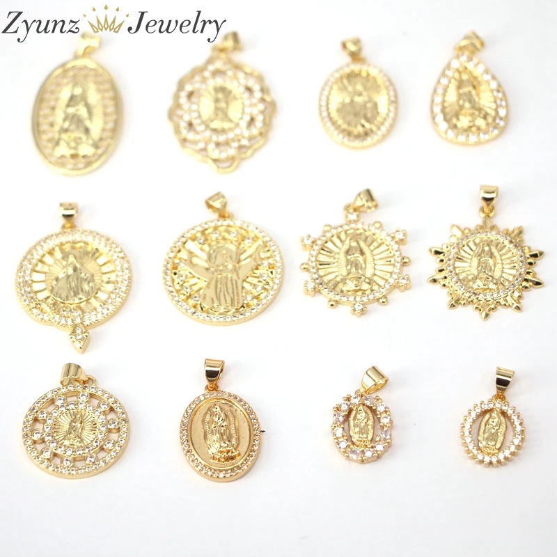 10PCS, Gold Color Micro Pave CZ Virgin Mary JESUS Charms Pendant Findings Jewelry