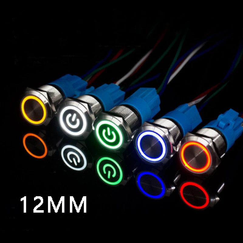 12MM Waterproof Metal Push Button Switch LED Momentary Latching Car Engine Power Symbol Switch 5V 12V 24V 220V