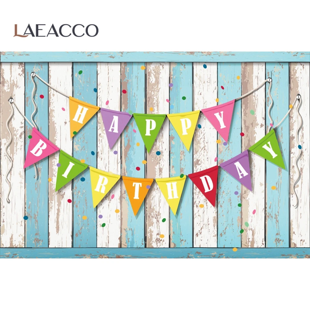 Laeacco Blue White Fade Color Wood Planks Happy Birthday Party Flag Decor Photocall Photo Background Photography Backdrop Photo