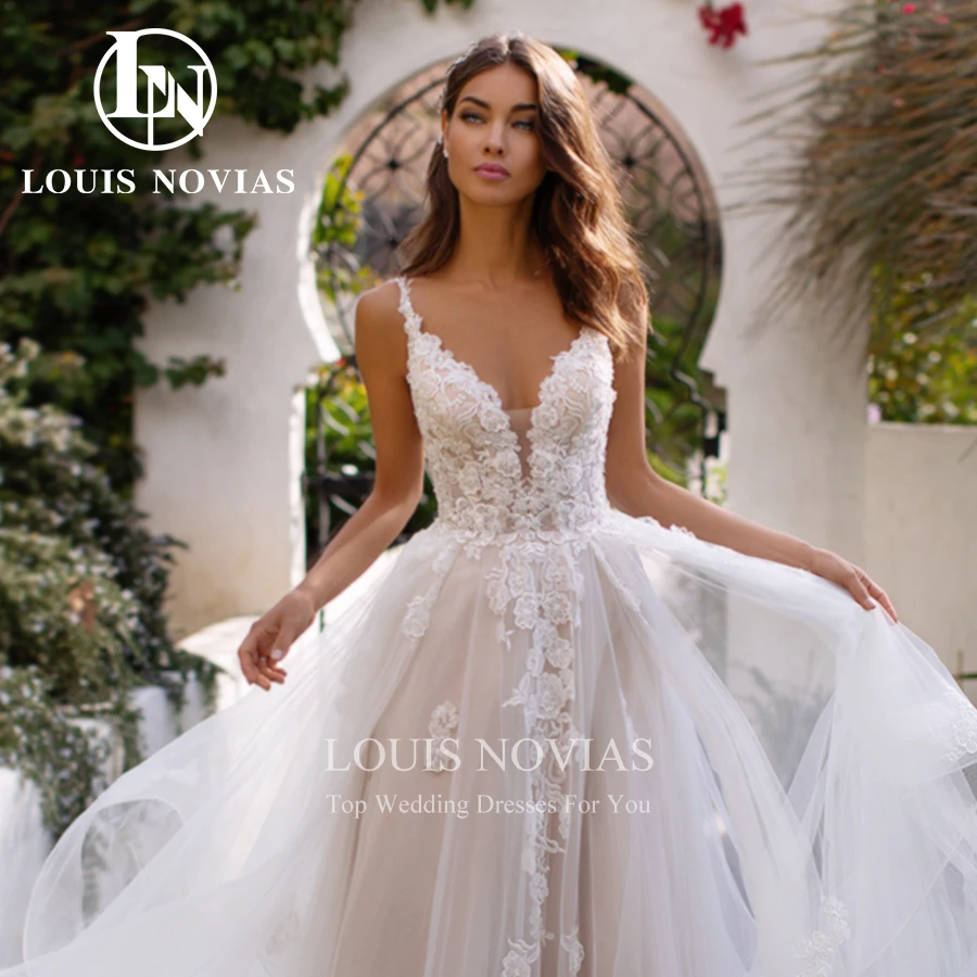 LOUIS NOVIAS Beach Wedding Dresses For Women Backless Bridal Beaded Appliques Spaghetti Straps V-Neck A-Line Vestidos De Novia