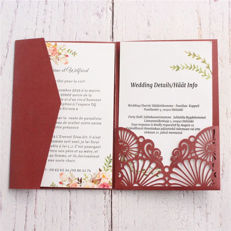 Burgundy wedding invitation card umbrella-type design birthday baptism gift cards custom printing multi colors.