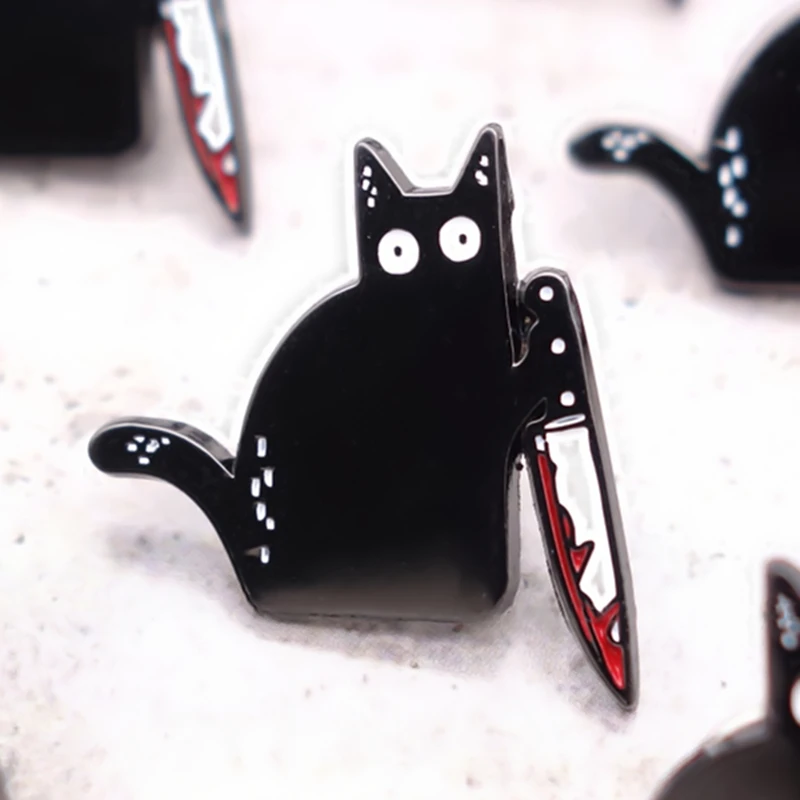 Bloody Knife Killer Black Cat Enamel Pin Gothic Animal Brooch Accessories Unique Lapel Backpack Pins Jewelry