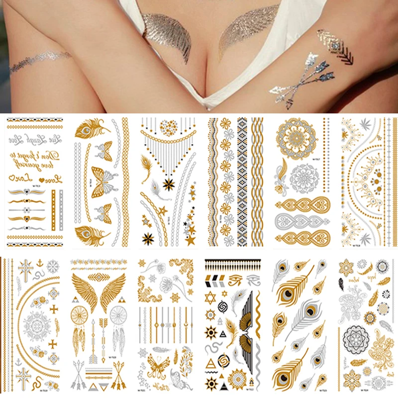 100Pcs Gold Temporary Tattoo Sleeve Henna Hand Feather Beauty Body Arm Rose Butterfly Elephant Glitter Women Waterproof Sticker