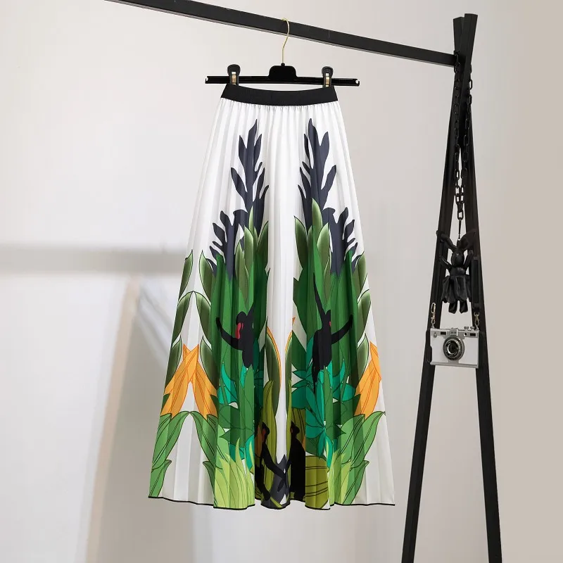 High Waist Pleated Harajuku null Skirts faldas Summer European Flower Printed Long Skirts for Women Mid-Calf Skirt Faldas Larga