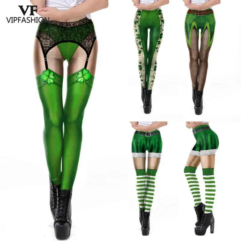 VIP FASHION New Cosplay St. Patrick\'s Day 3D Clover Printed Leggings Women Fake Lace Skinny Pants Sexy Female leggings