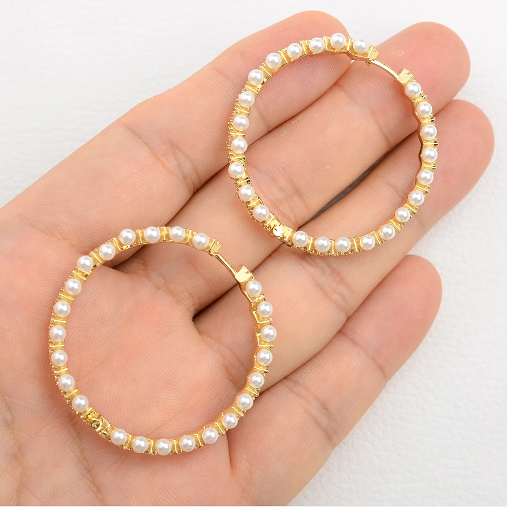 

1 pairs 40mm New Big Hot Gold Color Charm White Pearl Round Hoop Earrings