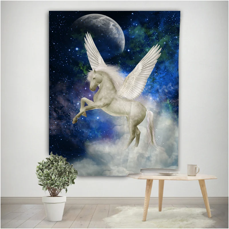 Sacred Unicorn Decoration Tapestry, Wall Pegasus Background Cloth, Christmas Dream Wall Carpet, Camping Tent, Trip Background, W