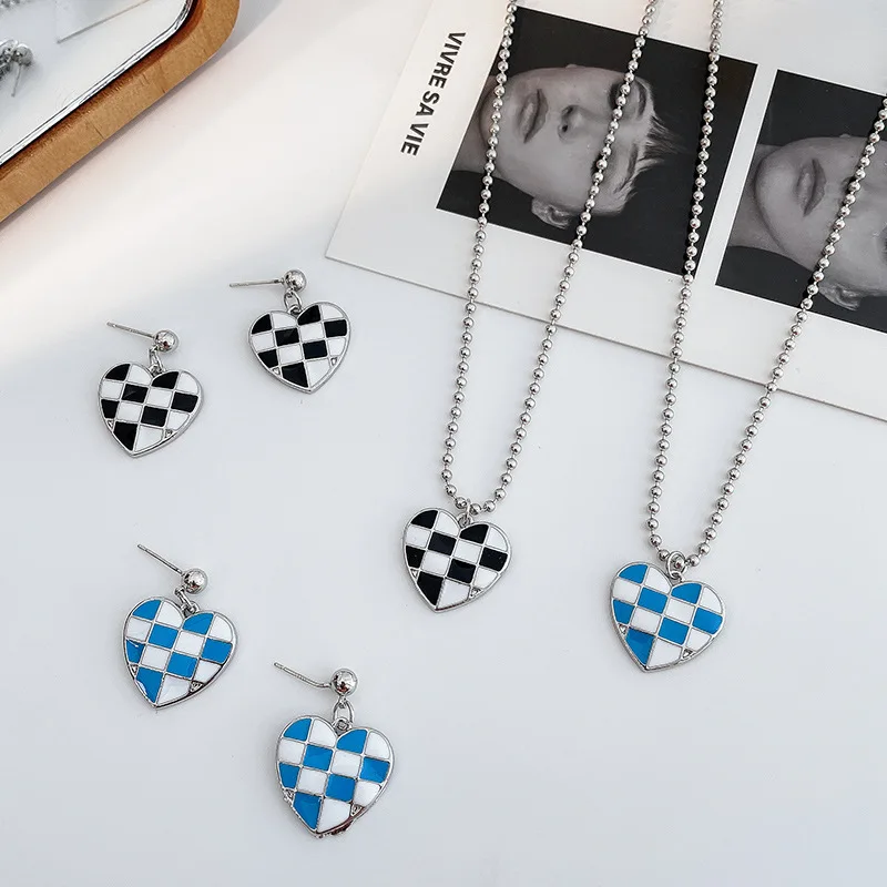 Chess Checkered Heart Earrings Fashion Retro Love Pendant Necklace Women Personality Girl Blue Black Earring necklace set