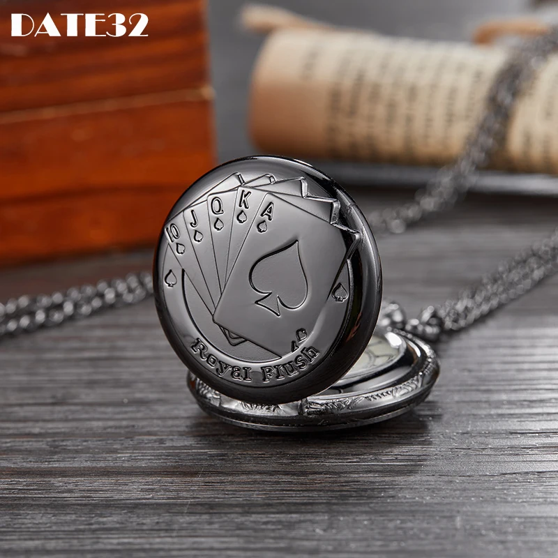 

Necklace Pendant Quartz Pocket Watch Poker Cards Engraved Black Small Fob Chain Clock Gifts for Boys Men Women Collection Reloj